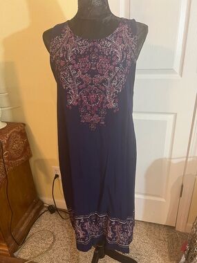 Xhilaration Navy Midi Dress with Pink Paisley Embroidery